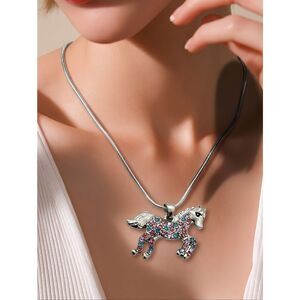 Rhinestone Horse Necklace Silver Pink Blue Crystal Pendant Equestrian Western